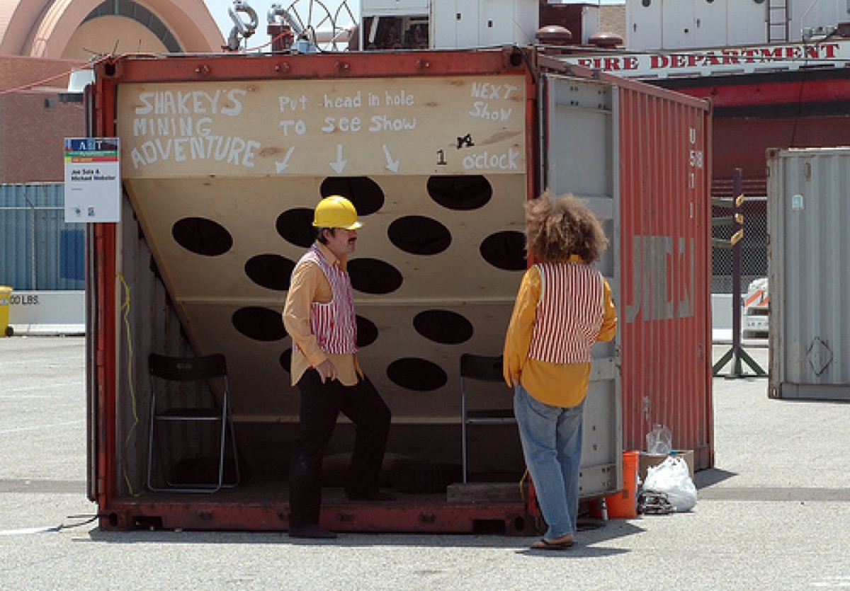 Shakey's Mining Adventure — Joe Sola and Michael Webster in costume outside the container